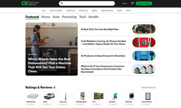 Consumer Reports website home page (Source Consumer Reports)